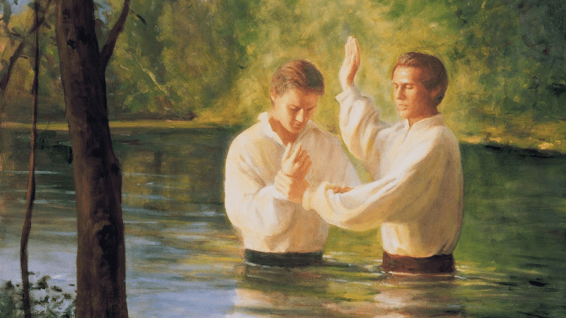 Joseph Smith baptized by Oliver Cowdery in preparation for the baptism of fire and the Holy Ghost